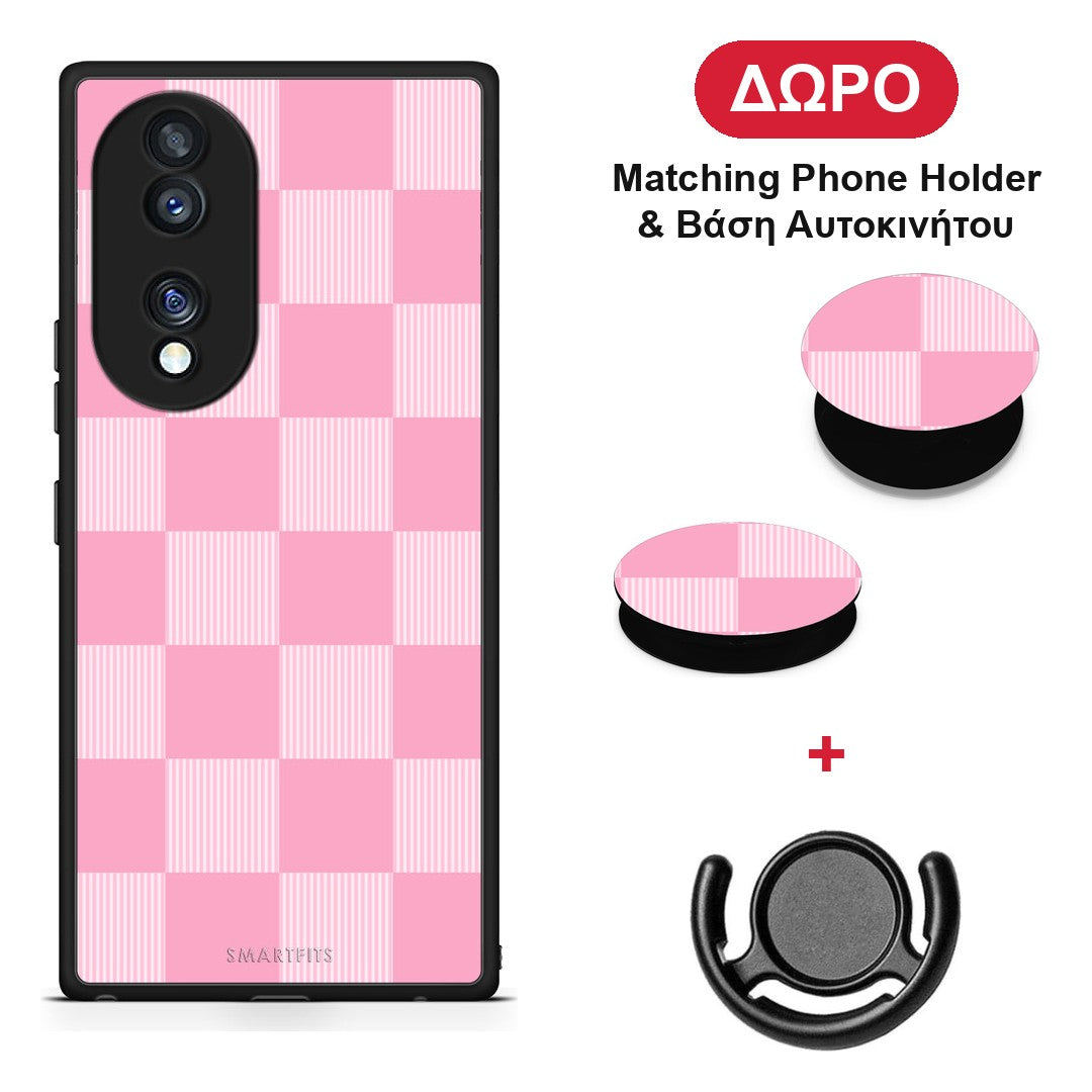 Pink and White Striped Checks - Honor 70 5G θήκη + Δώρο Phone Holder & Βάση Αυτοκινήτου