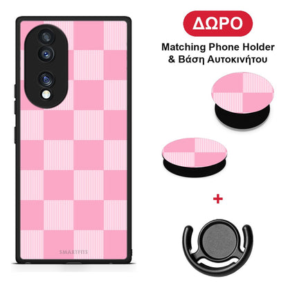 Pink and White Striped Checks - Honor 70 5G θήκη + Δώρο Phone Holder & Βάση Αυτοκινήτου