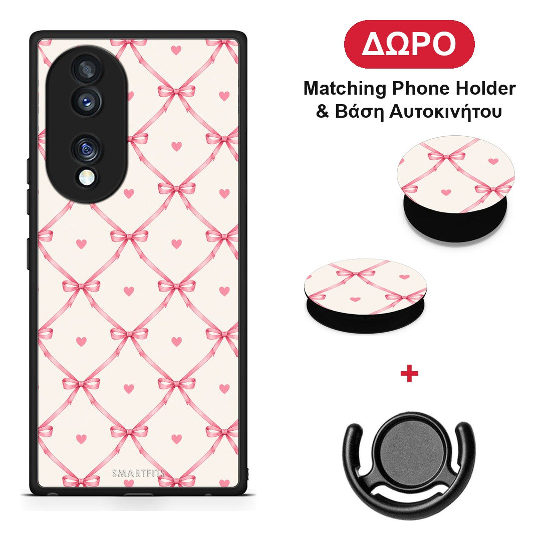Pink Bow Lattice and Hearts on Cream - Honor 70 5G θήκη + Δώρο Phone Holder & Βάση Αυτοκινήτου