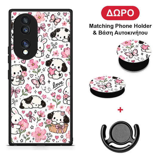 Pink Florals Puppies and Bunnies on White - Honor 70 5G θήκη + Δώρο Phone Holder & Βάση Αυτοκινήτου