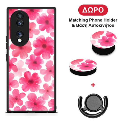 Pink Watercolour Flowers on White - Honor 70 5G θήκη + Δώρο Phone Holder & Βάση Αυτοκινήτου