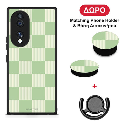 Sage and Cream Striped Checks - Honor 70 5G θήκη + Δώρο Phone Holder & Βάση Αυτοκινήτου