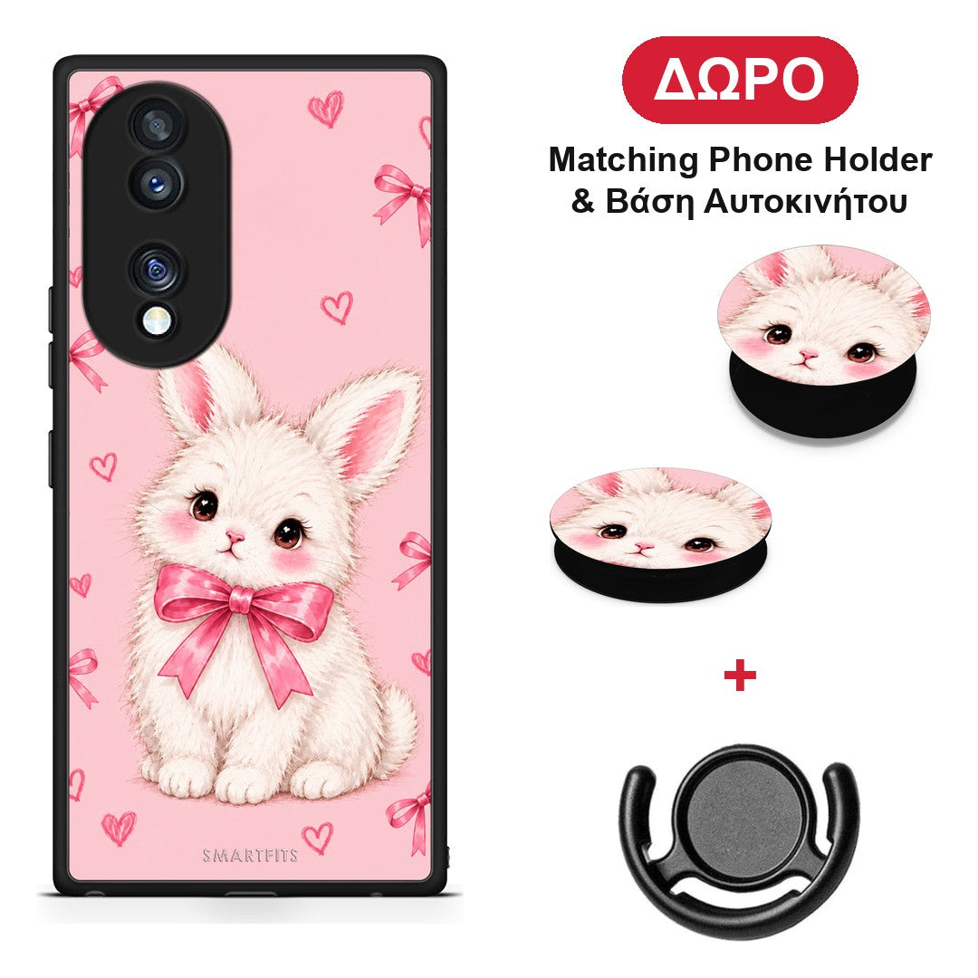 White Bunny and Pink Bows - Honor 70 5G θήκη + Δώρο Phone Holder & Βάση Αυτοκινήτου