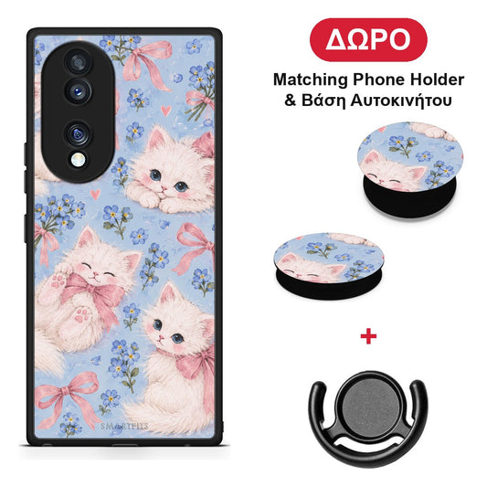 White Kittens and Blue Flowers Large - Honor 70 5G θήκη + Δώρο Phone Holder & Βάση Αυτοκινήτου