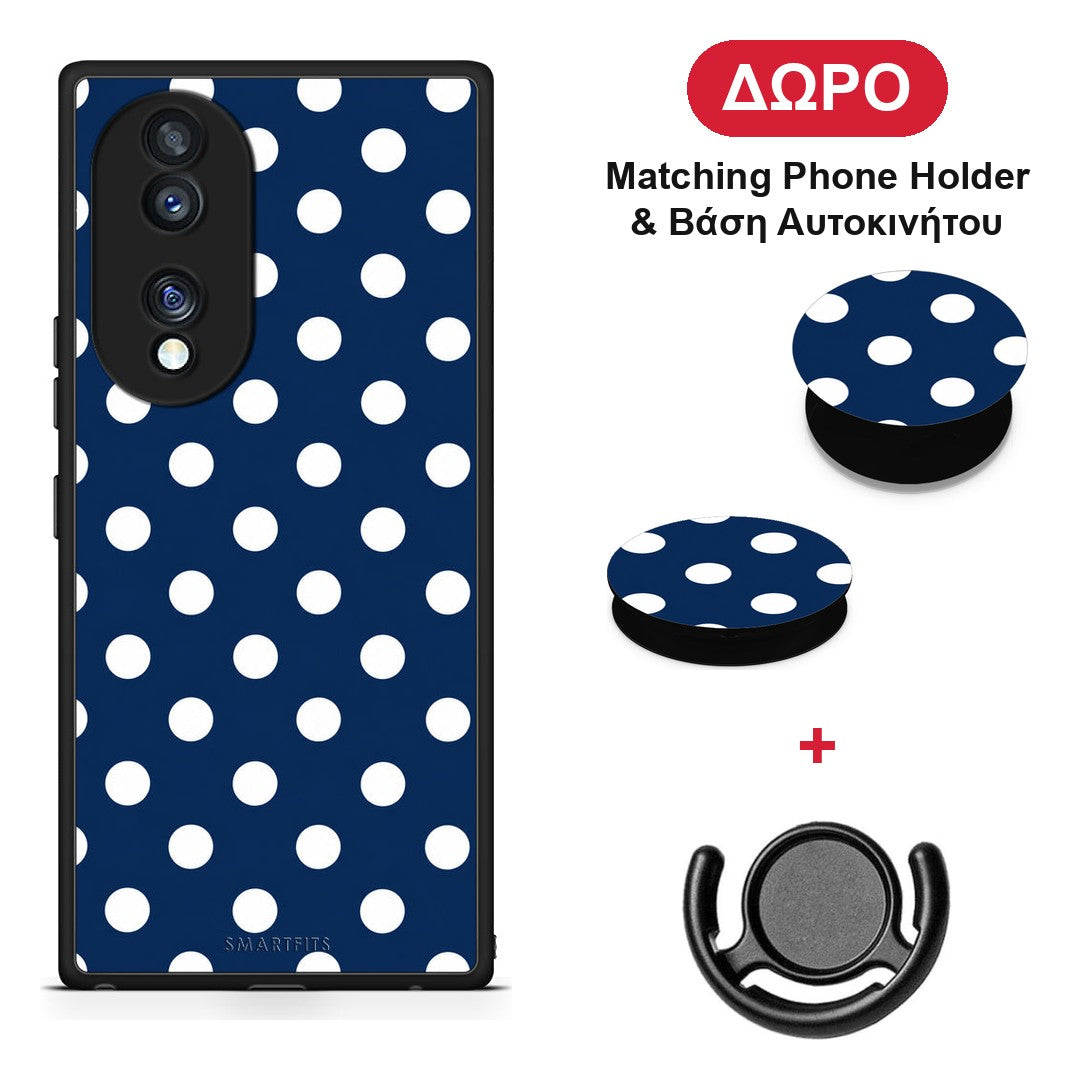 White Large Polka Dots on Navy - Honor 70 5G θήκη + Δώρο Phone Holder & Βάση Αυτοκινήτου