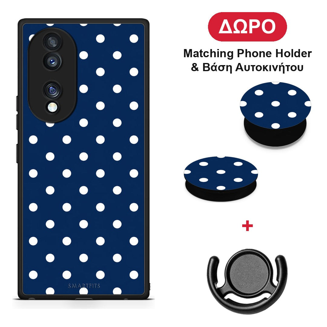 White Small Polka Dots on Navy - Honor 70 5G θήκη + Δώρο Phone Holder & Βάση Αυτοκινήτου