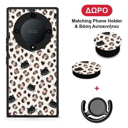 Leopard Spots and Black Cats on Cream - Honor Magic5 Lite 5G / X9a θήκη + Δώρο Phone Holder & Βάση Αυτοκινήτου
