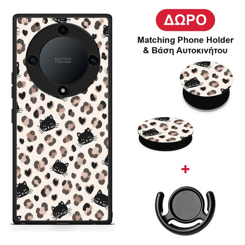 Leopard Spots and Black Cats on Cream - Honor Magic5 Lite 5G / X9a θήκη + Δώρο Phone Holder & Βάση Αυτοκινήτου
