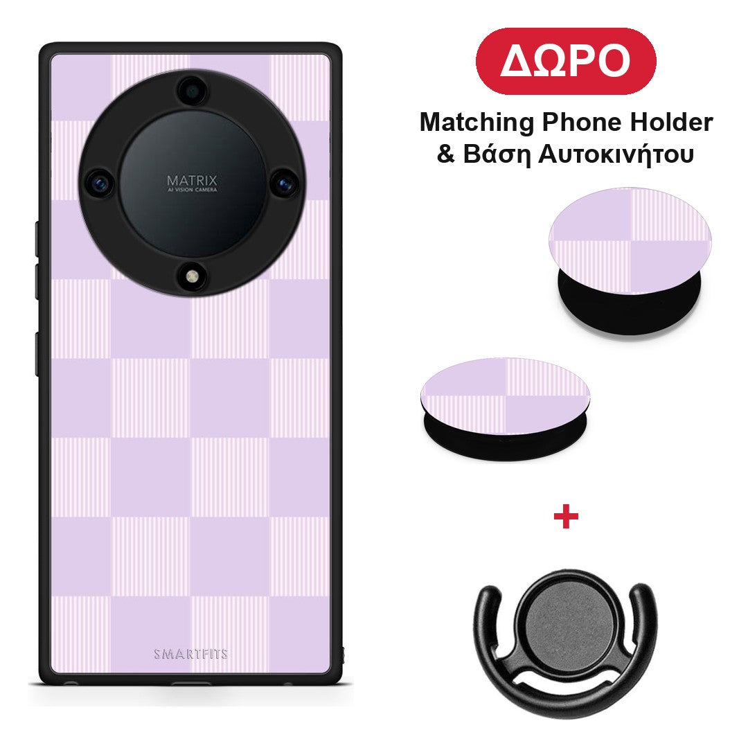 Lilac and Cream Striped Checks - Honor Magic5 Lite 5G / X9a θήκη + Δώρο Phone Holder & Βάση Αυτοκινήτου