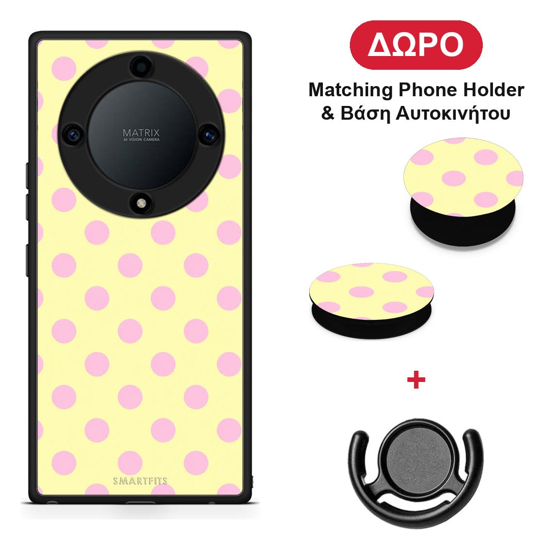 Pink Polka Dots on Yellow - Honor Magic5 Lite 5G / X9a θήκη + Δώρο Phone Holder & Βάση Αυτοκινήτου