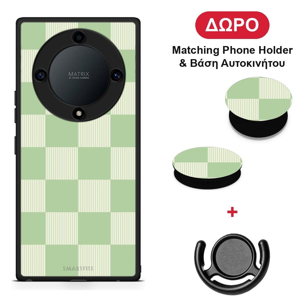Sage and Cream Striped Checks - Honor Magic5 Lite 5G / X9a θήκη + Δώρο Phone Holder & Βάση Αυτοκινήτου