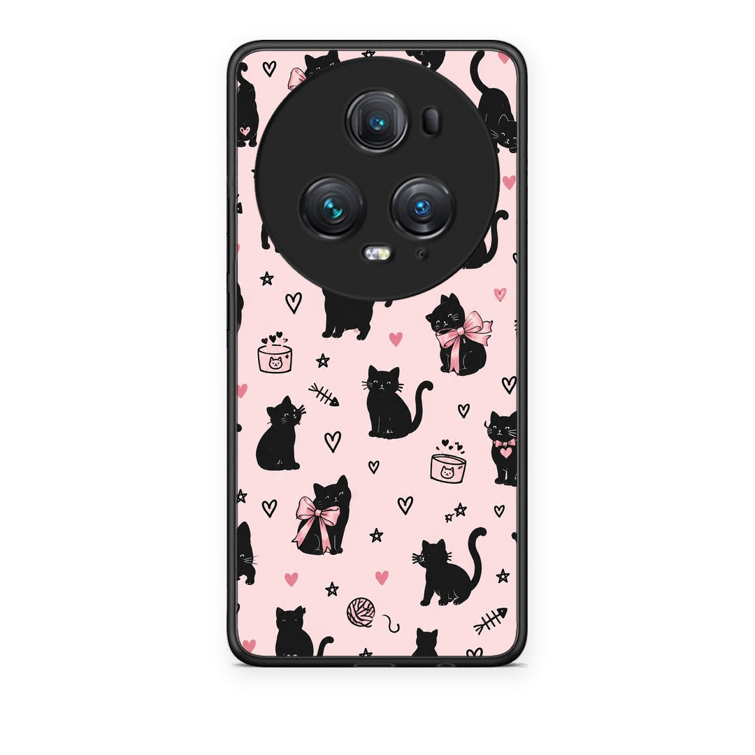Θήκη Honor Magic5 Pro Black Cat Doodles on Pink από τη Smartfits με σχέδιο στο πίσω μέρος και μαύρο περίβλημα | Honor Magic5 Pro Black Cat Doodles on Pink case with colorful back and black bezels