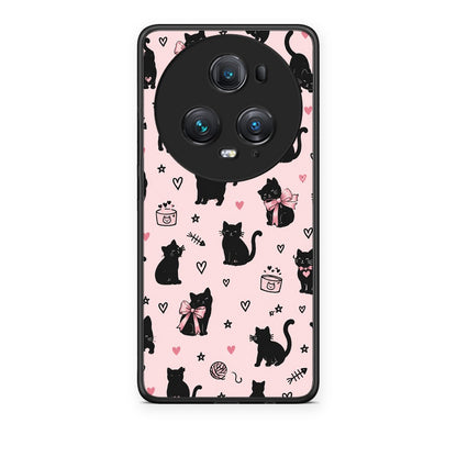 Θήκη Honor Magic5 Pro Black Cat Doodles on Pink από τη Smartfits με σχέδιο στο πίσω μέρος και μαύρο περίβλημα | Honor Magic5 Pro Black Cat Doodles on Pink case with colorful back and black bezels