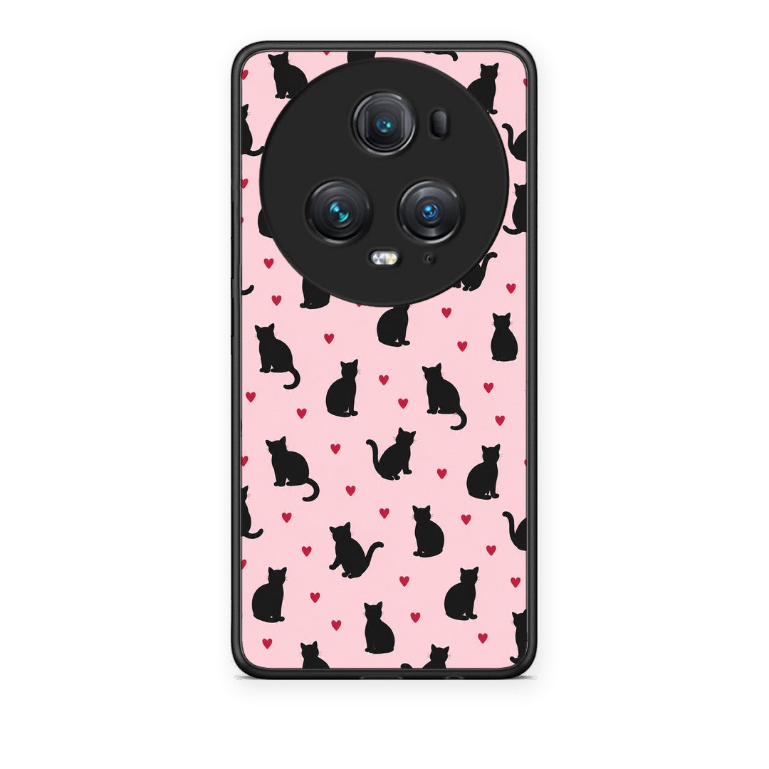 Θήκη Honor Magic5 Pro Black Cat Silhouettes and Hearts on Pink από τη Smartfits με σχέδιο στο πίσω μέρος και μαύρο περίβλημα | Honor Magic5 Pro Black Cat Silhouettes and Hearts on Pink case with colorful back and black bezels