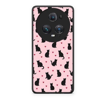 Θήκη Honor Magic5 Pro Black Cat Silhouettes and Hearts on Pink από τη Smartfits με σχέδιο στο πίσω μέρος και μαύρο περίβλημα | Honor Magic5 Pro Black Cat Silhouettes and Hearts on Pink case with colorful back and black bezels