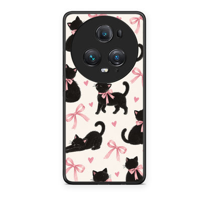Θήκη Honor Magic5 Pro Black Kittens and Pink Bows on Cream Large από τη Smartfits με σχέδιο στο πίσω μέρος και μαύρο περίβλημα | Honor Magic5 Pro Black Kittens and Pink Bows on Cream Large case with colorful back and black bezels