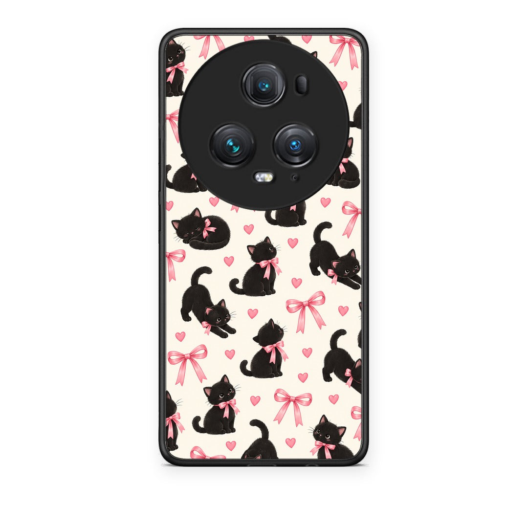 Θήκη Honor Magic5 Pro Black Kittens and Pink Bows on Cream Small από τη Smartfits με σχέδιο στο πίσω μέρος και μαύρο περίβλημα | Honor Magic5 Pro Black Kittens and Pink Bows on Cream Small case with colorful back and black bezels