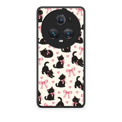 Θήκη Honor Magic5 Pro Black Kittens and Pink Bows on Cream Small από τη Smartfits με σχέδιο στο πίσω μέρος και μαύρο περίβλημα | Honor Magic5 Pro Black Kittens and Pink Bows on Cream Small case with colorful back and black bezels
