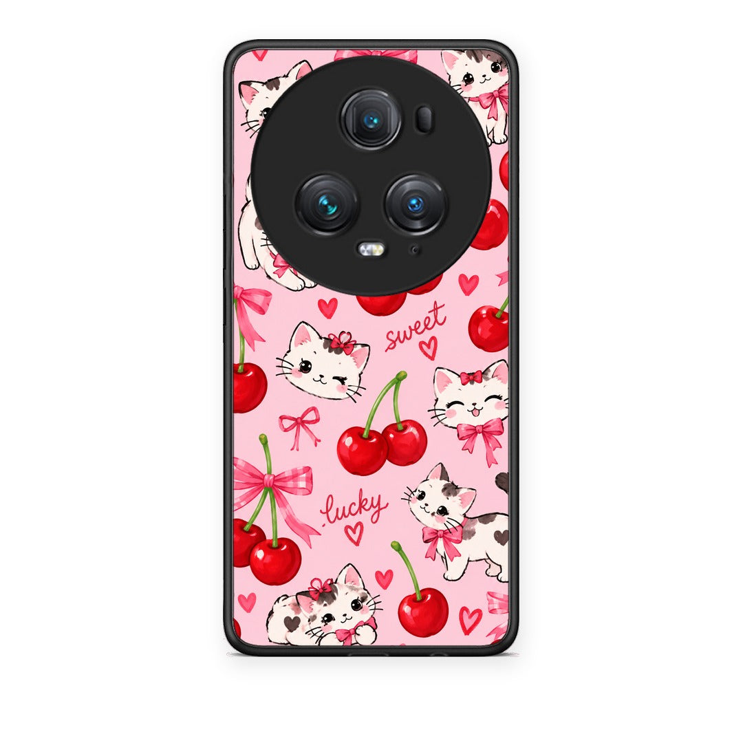 Θήκη Honor Magic5 Pro Cherries Bows and Kittens on Pink από τη Smartfits με σχέδιο στο πίσω μέρος και μαύρο περίβλημα | Honor Magic5 Pro Cherries Bows and Kittens on Pink case with colorful back and black bezels