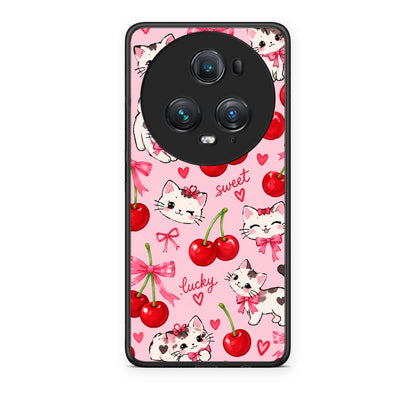 Θήκη Honor Magic5 Pro Cherries Bows and Kittens on Pink από τη Smartfits με σχέδιο στο πίσω μέρος και μαύρο περίβλημα | Honor Magic5 Pro Cherries Bows and Kittens on Pink case with colorful back and black bezels