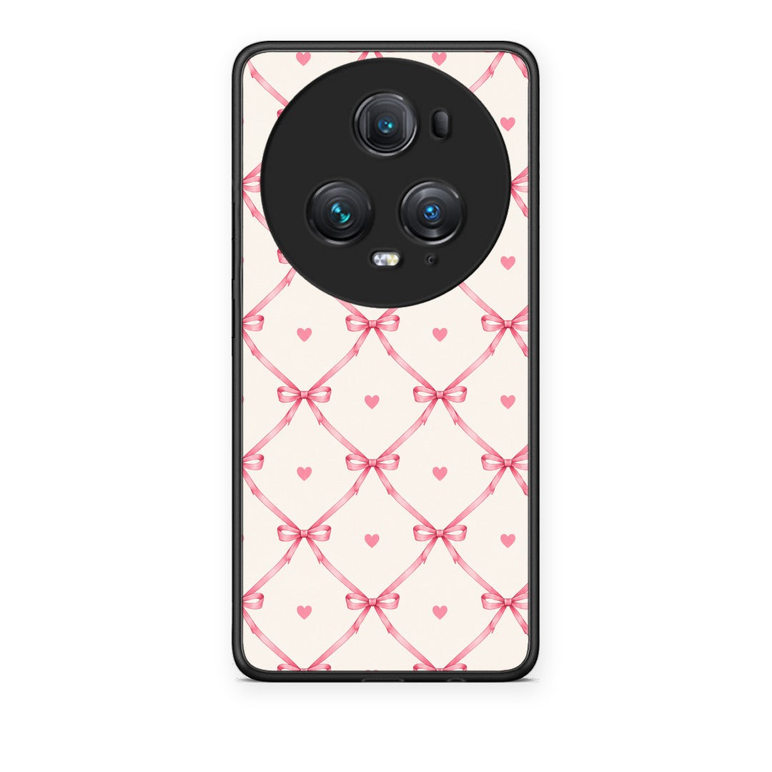 Θήκη Honor Magic5 Pro Pink Bow Lattice and Hearts on Cream από τη Smartfits με σχέδιο στο πίσω μέρος και μαύρο περίβλημα | Honor Magic5 Pro Pink Bow Lattice and Hearts on Cream case with colorful back and black bezels
