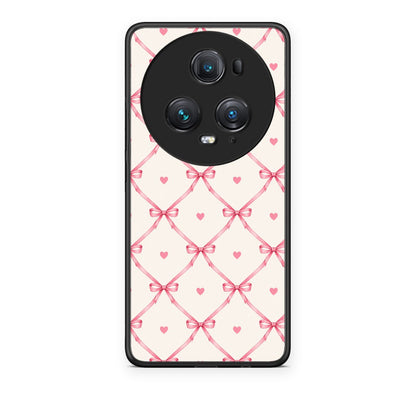 Θήκη Honor Magic5 Pro Pink Bow Lattice and Hearts on Cream από τη Smartfits με σχέδιο στο πίσω μέρος και μαύρο περίβλημα | Honor Magic5 Pro Pink Bow Lattice and Hearts on Cream case with colorful back and black bezels