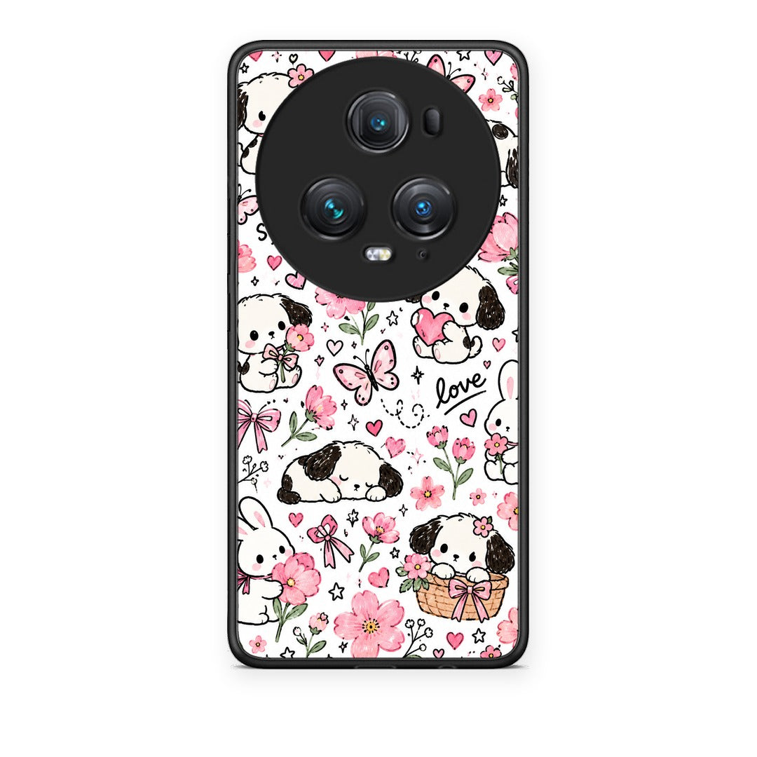 Θήκη Honor Magic5 Pro Pink Florals Puppies and Bunnies on White από τη Smartfits με σχέδιο στο πίσω μέρος και μαύρο περίβλημα | Honor Magic5 Pro Pink Florals Puppies and Bunnies on White case with colorful back and black bezels