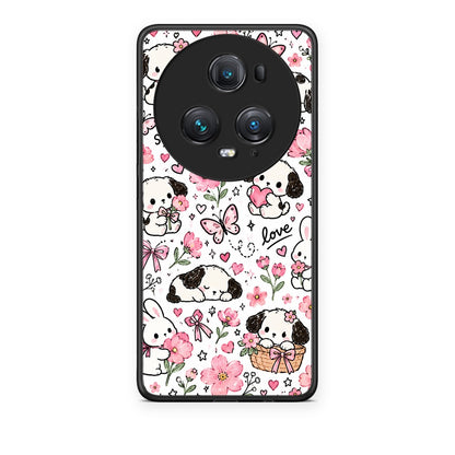 Θήκη Honor Magic5 Pro Pink Florals Puppies and Bunnies on White από τη Smartfits με σχέδιο στο πίσω μέρος και μαύρο περίβλημα | Honor Magic5 Pro Pink Florals Puppies and Bunnies on White case with colorful back and black bezels