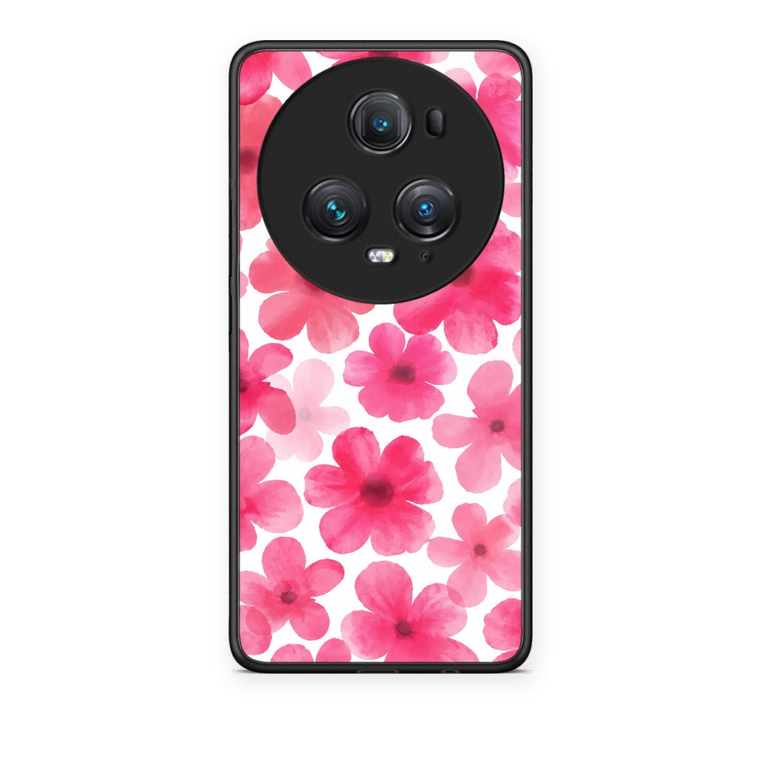 Θήκη Honor Magic5 Pro Pink Watercolour Flowers on White από τη Smartfits με σχέδιο στο πίσω μέρος και μαύρο περίβλημα | Honor Magic5 Pro Pink Watercolour Flowers on White case with colorful back and black bezels