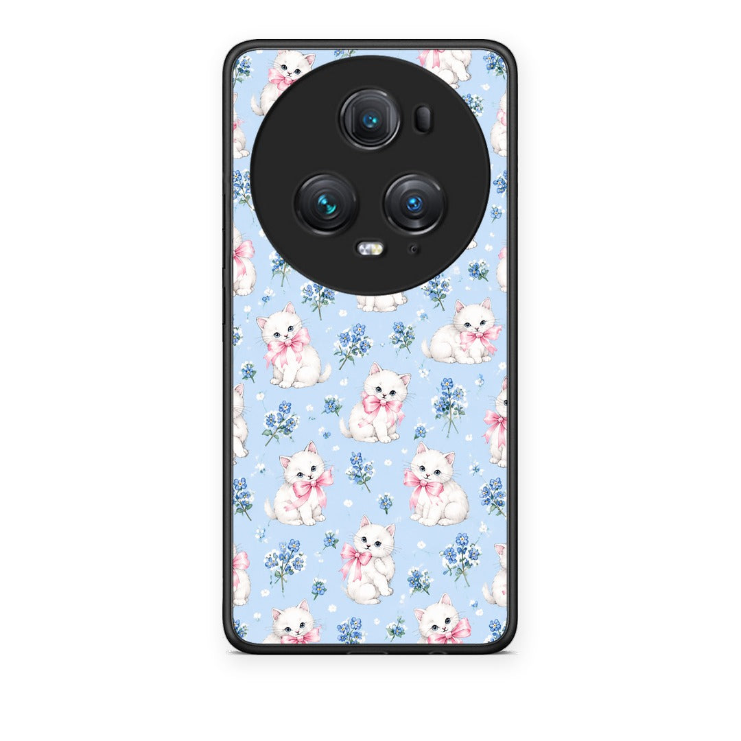 Θήκη Honor Magic5 Pro White Kittens and Blue Flowers Small από τη Smartfits με σχέδιο στο πίσω μέρος και μαύρο περίβλημα | Honor Magic5 Pro White Kittens and Blue Flowers Small case with colorful back and black bezels