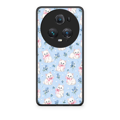 Θήκη Honor Magic5 Pro White Kittens and Blue Flowers Small από τη Smartfits με σχέδιο στο πίσω μέρος και μαύρο περίβλημα | Honor Magic5 Pro White Kittens and Blue Flowers Small case with colorful back and black bezels