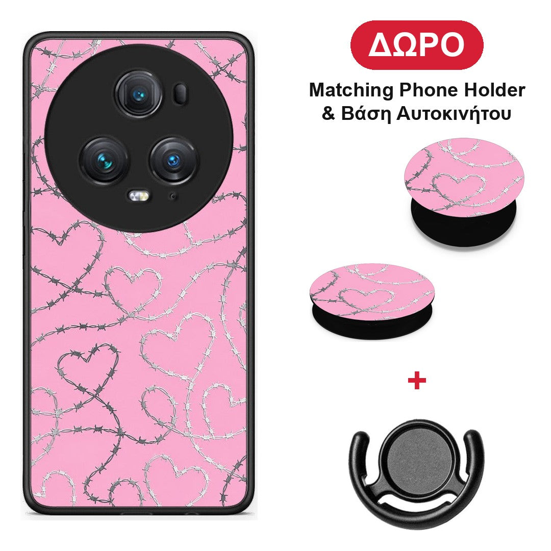 Barbed Wire Hearts on Pink - Honor Magic5 Pro θήκη + Δώρο Phone Holder & Βάση Αυτοκινήτου