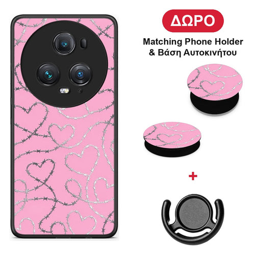 Barbed Wire Hearts on Pink - Honor Magic5 Pro θήκη + Δώρο Phone Holder & Βάση Αυτοκινήτου