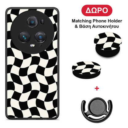 Black and Cream Wavy Checkerboard - Honor Magic5 Pro θήκη + Δώρο Phone Holder & Βάση Αυτοκινήτου