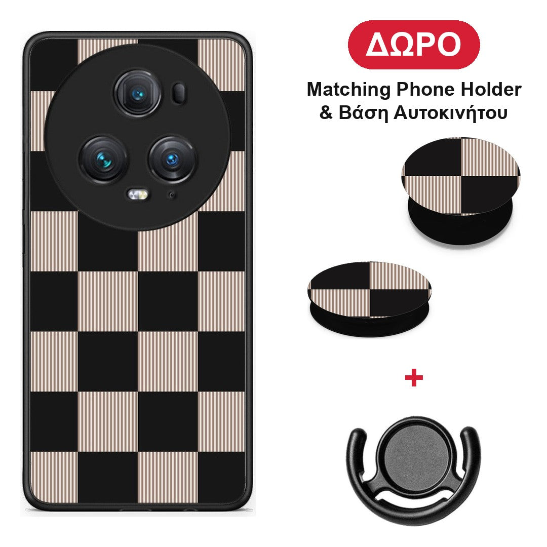 Black and Taupe Striped Checks - Honor Magic5 Pro θήκη + Δώρο Phone Holder & Βάση Αυτοκινήτου