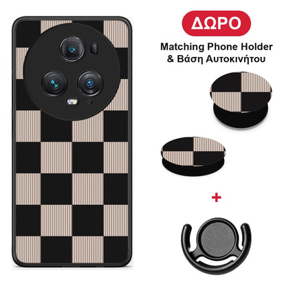 Black and Taupe Striped Checks - Honor Magic5 Pro θήκη + Δώρο Phone Holder & Βάση Αυτοκινήτου