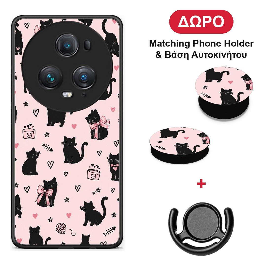 Black Cat Doodles on Pink - Honor Magic5 Pro θήκη + Δώρο Phone Holder & Βάση Αυτοκινήτου