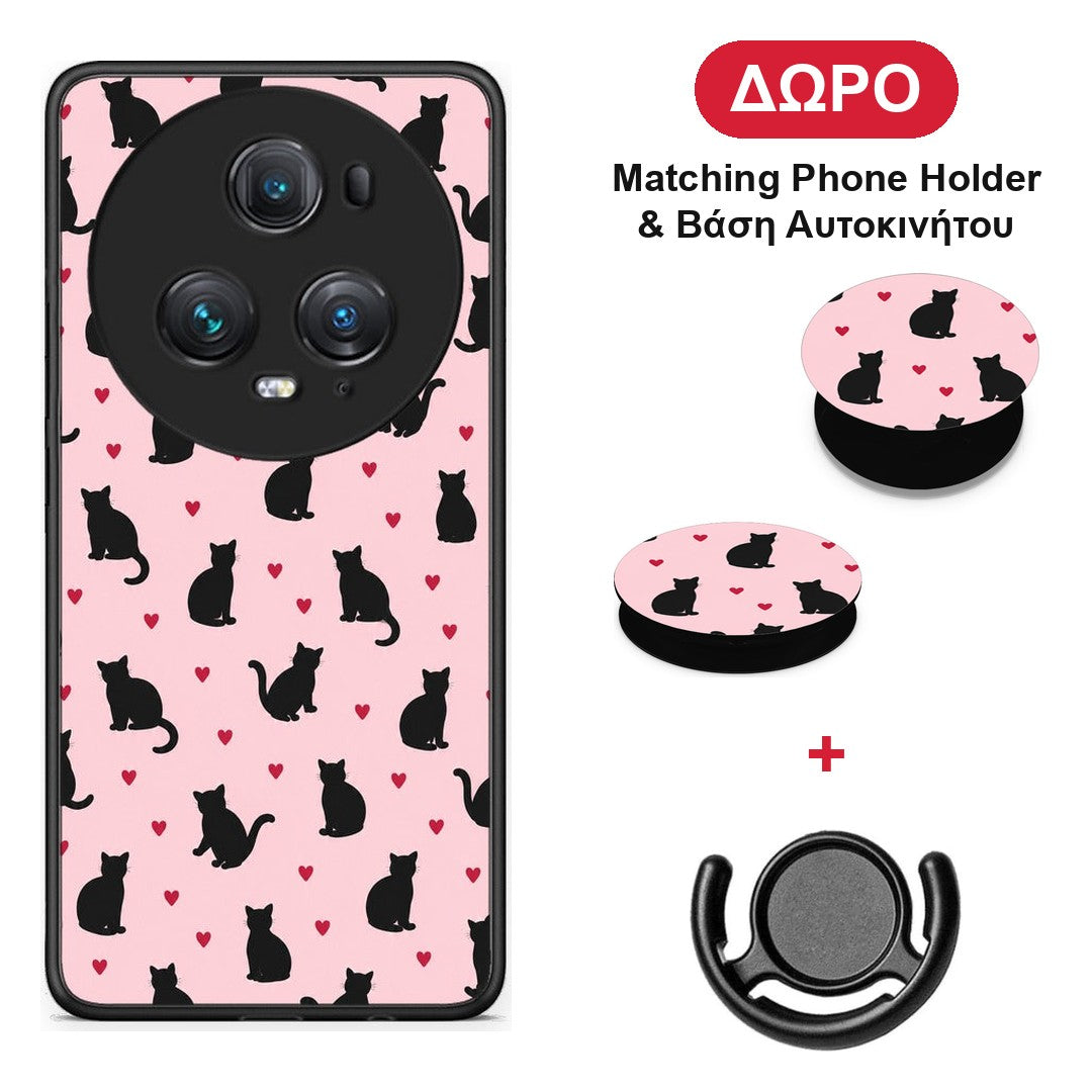 Black Cat Silhouettes and Hearts on Pink - Honor Magic5 Pro θήκη + Δώρο Phone Holder & Βάση Αυτοκινήτου