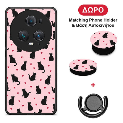 Black Cat Silhouettes and Hearts on Pink - Honor Magic5 Pro θήκη + Δώρο Phone Holder & Βάση Αυτοκινήτου