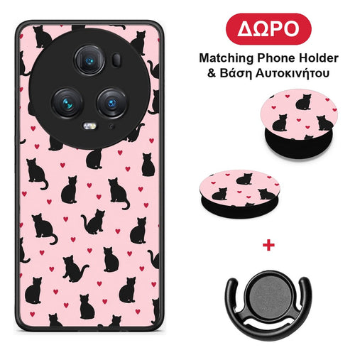 Black Cat Silhouettes and Hearts on Pink - Honor Magic5 Pro θήκη + Δώρο Phone Holder & Βάση Αυτοκινήτου