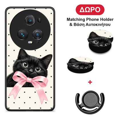 Black Kitten Pink Bow and Polka Dots - Honor Magic5 Pro θήκη + Δώρο Phone Holder & Βάση Αυτοκινήτου