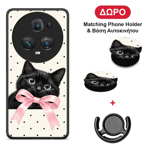 Black Kitten Pink Bow and Polka Dots - Honor Magic5 Pro θήκη + Δώρο Phone Holder & Βάση Αυτοκινήτου
