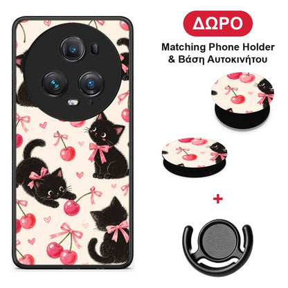 Black Kittens and Cherries on Cream - Honor Magic5 Pro θήκη + Δώρο Phone Holder & Βάση Αυτοκινήτου