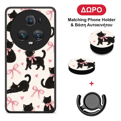 Black Kittens and Pink Bows on Cream Large - Honor Magic5 Pro θήκη + Δώρο Phone Holder & Βάση Αυτοκινήτου