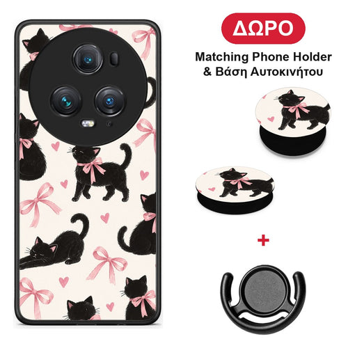Black Kittens and Pink Bows on Cream Large - Honor Magic5 Pro θήκη + Δώρο Phone Holder & Βάση Αυτοκινήτου