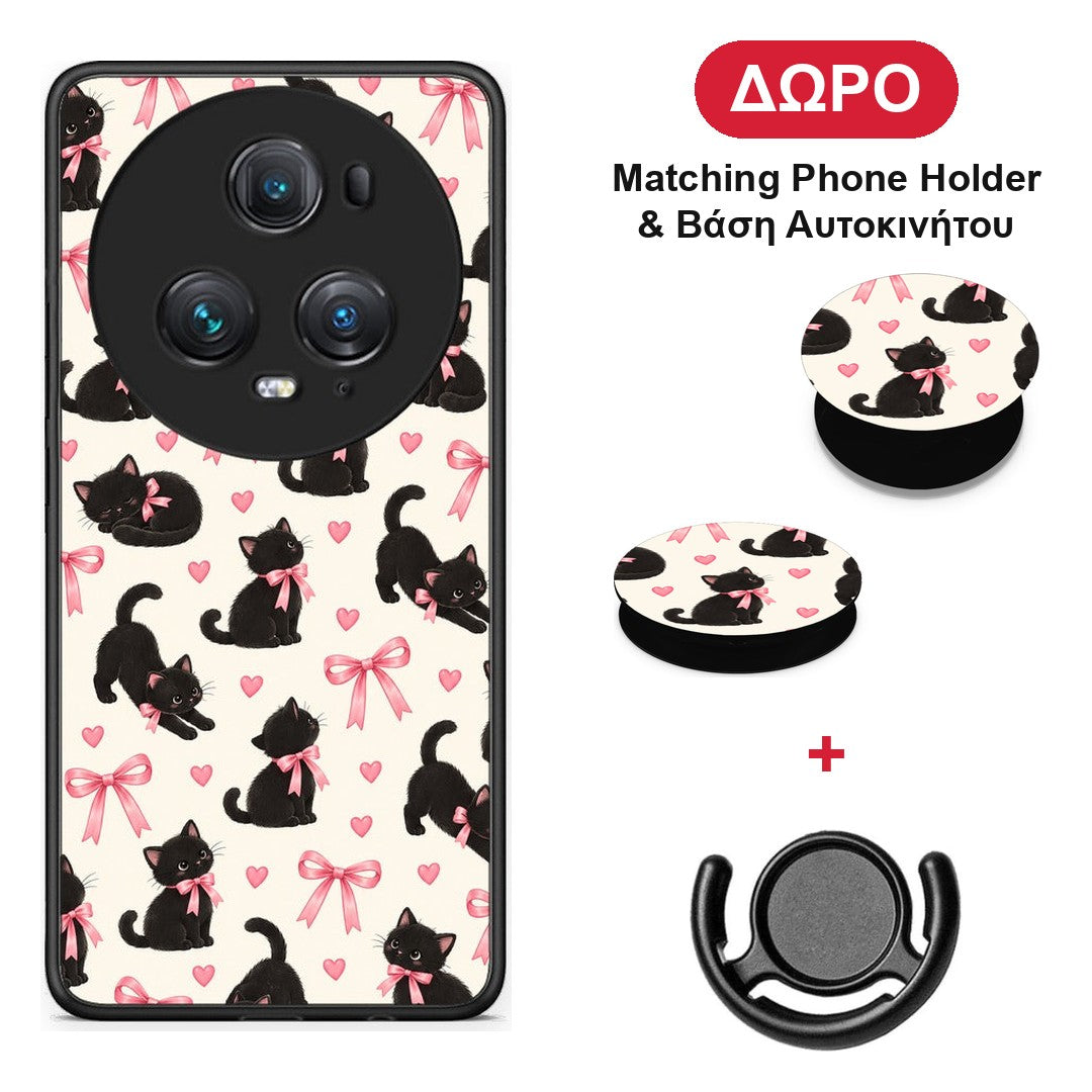 Black Kittens and Pink Bows on Cream Small - Honor Magic5 Pro θήκη + Δώρο Phone Holder & Βάση Αυτοκινήτου