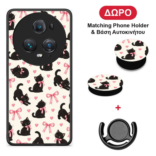 Black Kittens and Pink Bows on Cream Small - Honor Magic5 Pro θήκη + Δώρο Phone Holder & Βάση Αυτοκινήτου