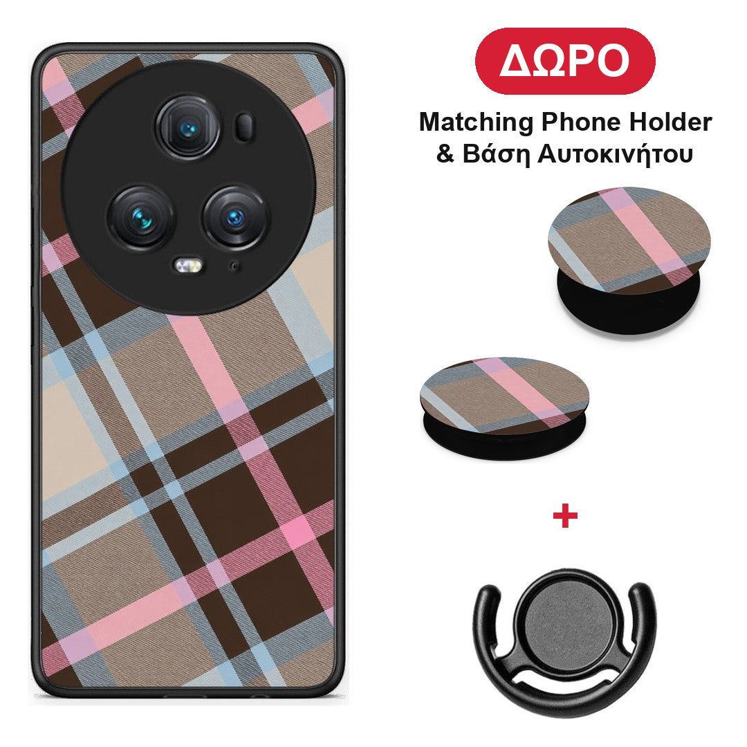 Brown Pink and Blue Diagonal Plaid - Honor Magic5 Pro θήκη + Δώρο Phone Holder & Βάση Αυτοκινήτου