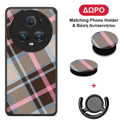 Brown Pink and Blue Diagonal Plaid - Honor Magic5 Pro θήκη + Δώρο Phone Holder & Βάση Αυτοκινήτου