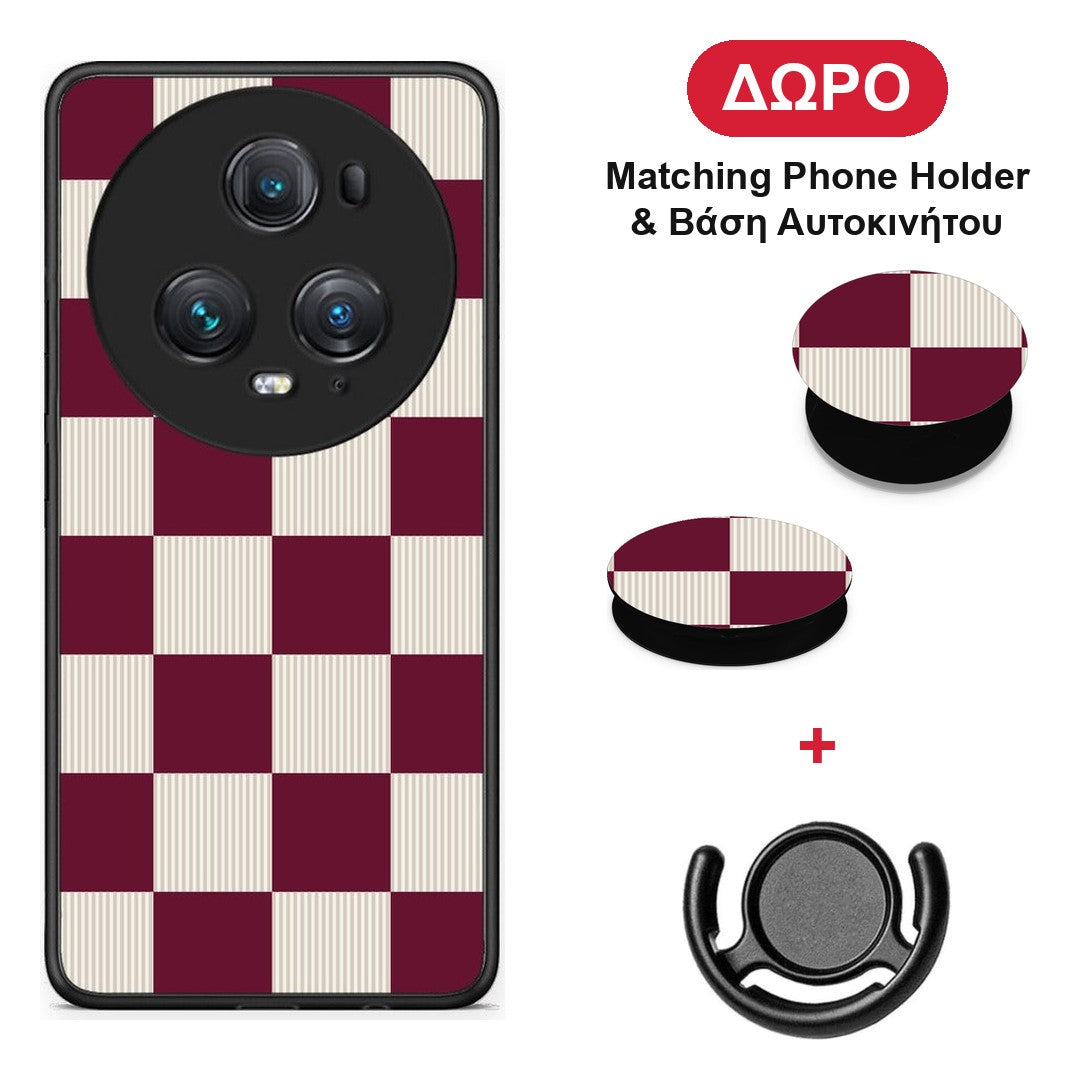 Burgundy and Cream Striped Checks - Honor Magic5 Pro θήκη + Δώρο Phone Holder & Βάση Αυτοκινήτου